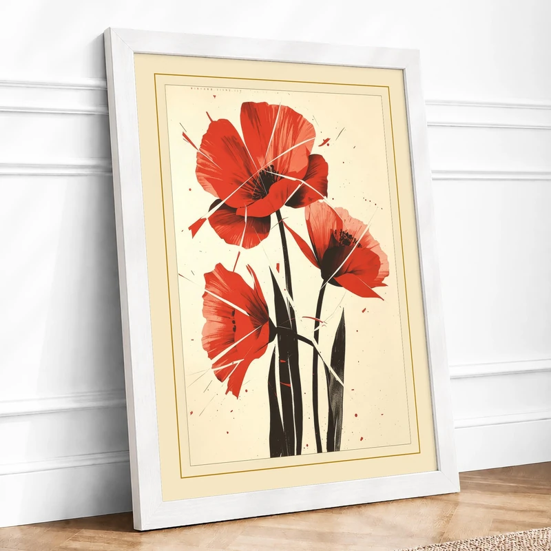 Three Poppies Botanical Framed Wall Art Print A1 (84.1×59.4cm) White, Wall Decor for Living Room, Bedroom, Office & Home, Ready to Hang, Art Gift - Image 1