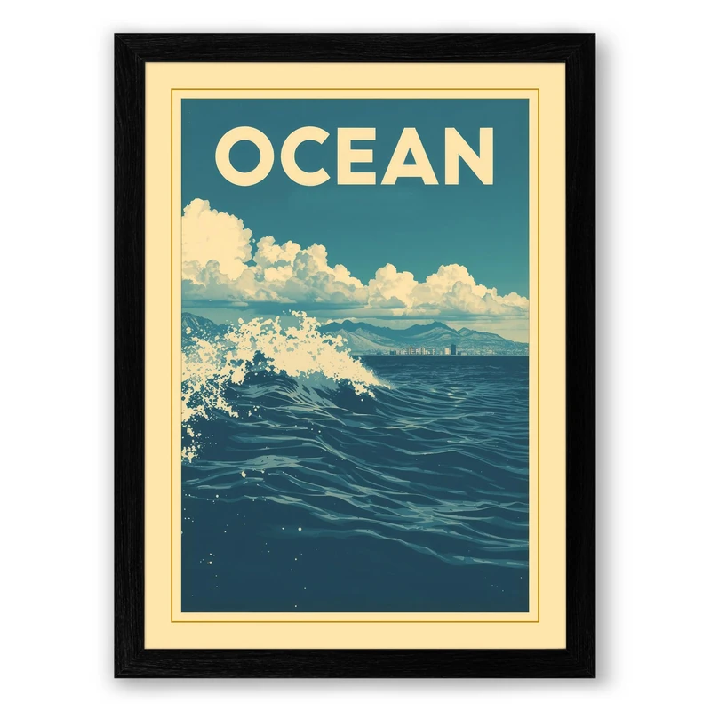 Ocean Wave Poster Vintage Framed Wall Art Print A1 (84.1×59.4cm) Black, Wall Decor for Living Room, Bedroom, Office & Home, Ready to Hang, Art Gift