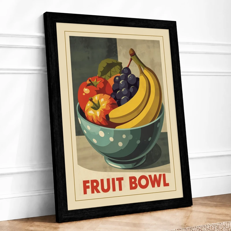 Fruit Bowl Retro Framed Wall Art Print A1 (84.1×59.4cm) Black, Wall Decor for Living Room, Bedroom, Office & Home, Ready to Hang, Art Gift