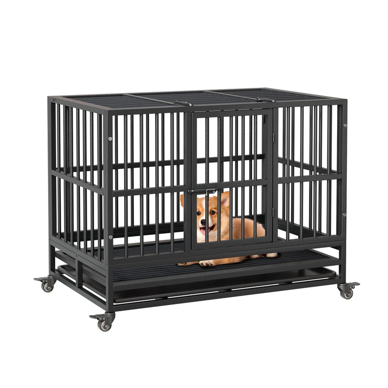 Foldable Double Door Dog Crate 94 x 58.5 x 74.8 cm, Robust Dog Cage with 360° Wheels, Dog Box with Removable Tray for Medium and Large Dogs