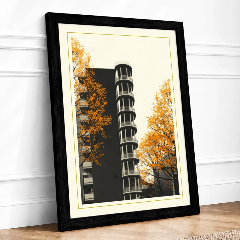 Tower Among Golden Trees Scandinavian Framed Wall Art Print A1 (84.1×59.4cm) Black, Wall Decor for Living Room, Bedroom, Office & Home, Ready to Hang, Art Gift - Image 1