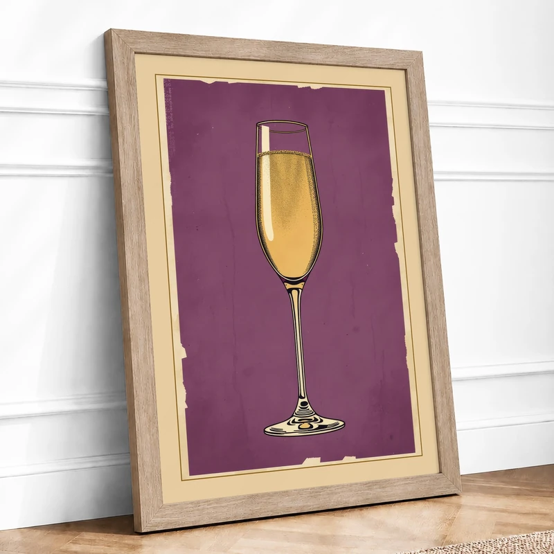 Golden Champagne Glass Mid-Century Framed Wall Art Print A1 (84.1×59.4cm) Oak, Wall Decor for Living Room, Bedroom, Office & Home, Ready to Hang, Art Gift