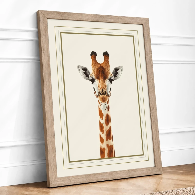 Giraffe Portrait Minimalist Framed Wall Art Print A1 (84.1×59.4cm) Oak, Wall Decor for Living Room, Bedroom, Office & Home, Ready to Hang, Art Gift
