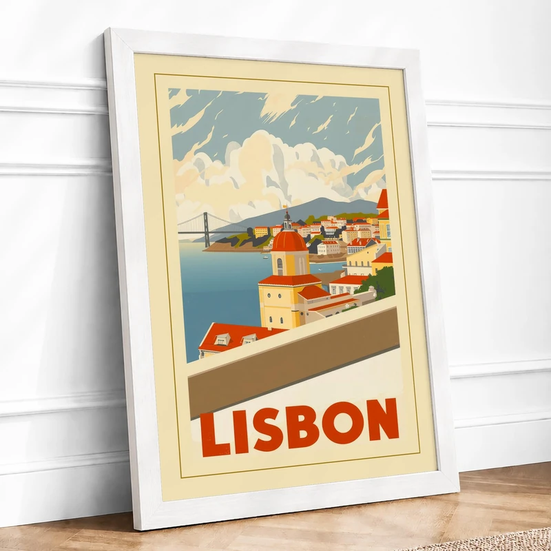 Postcard from Lisbon Vintage Framed Wall Art Print A1 (84.1×59.4cm) White, Wall Decor for Living Room, Bedroom, Office & Home, Ready to Hang, Art Gift - Image 1