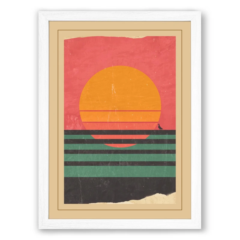 Sun at Dusk Minimalist Framed Wall Art Print A1 (84.1×59.4cm) White, Wall Decor for Living Room, Bedroom, Office & Home, Ready to Hang, Art Gift