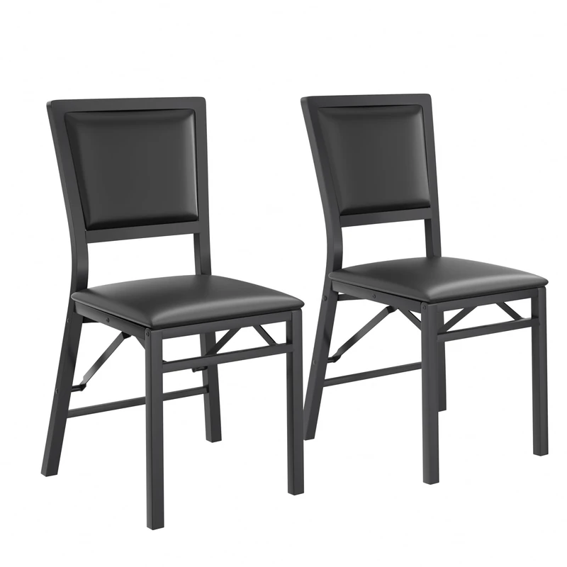 VECELO Upholstered Folding Dining Chair Set of 2 with Padded Seat, Heavy Duty Metal Frame for Kitchen, Living Room, No Assembly, Space-Saving, Black