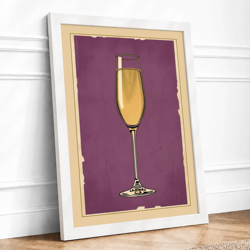 Golden Champagne Glass Mid-Century Framed Wall Art Print A1 (84.1×59.4cm) White, Wall Decor for Living Room, Bedroom, Office & Home, Ready to Hang, Art Gift
