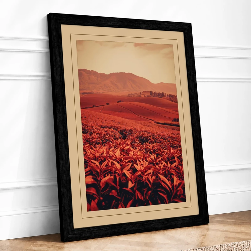 Crimson Fields and Mountains Vintage Framed Wall Art Print A1 (84.1×59.4cm) Black, Wall Decor for Living Room, Bedroom, Office & Home, Ready to Hang, Art Gift