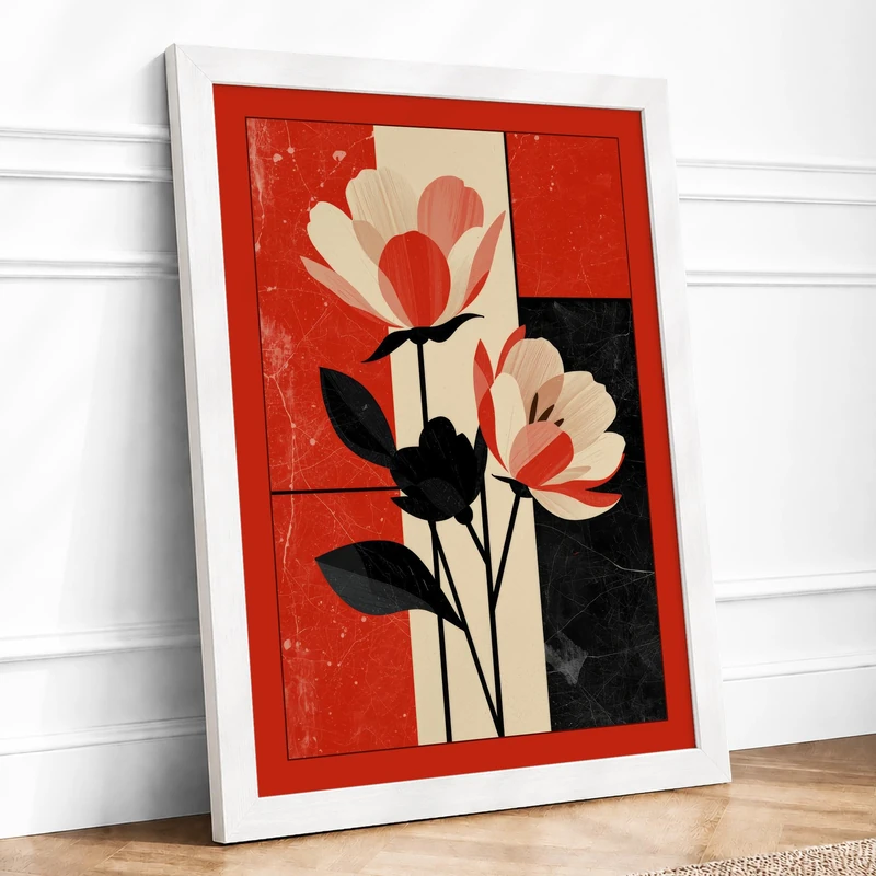 Geometric Flora Art Deco Framed Wall Art Print A1 White