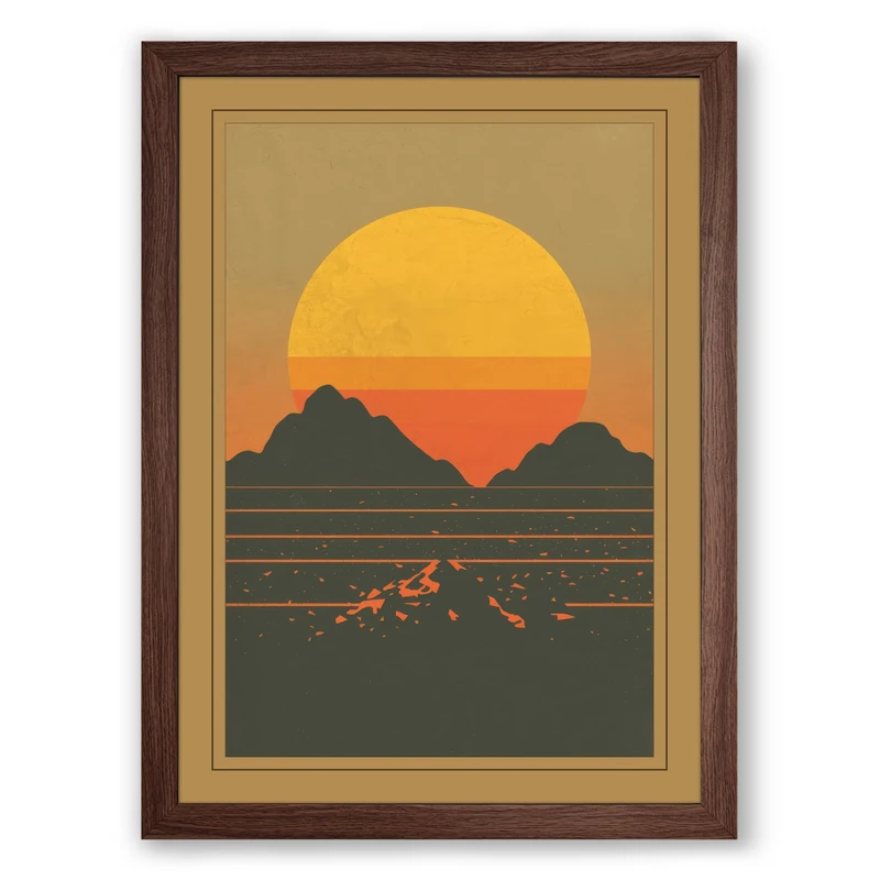 Golden Sun Over Mountains Minimalist Framed Wall Art Print A1 (84.1×59.4cm) Walnut, Wall Decor for Living Room, Bedroom, Office & Home, Ready to Hang, Art Gift