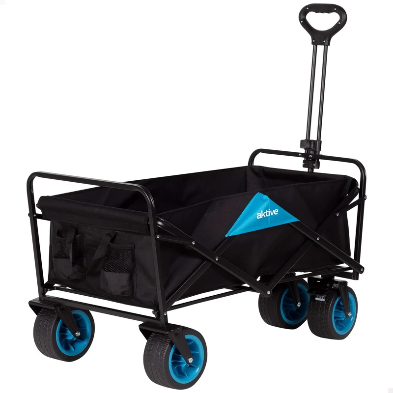 AKTIVE Folding Transport Cart, 90 x 50 x 97 cm, Beach Trolley with 4 Wheels, Storage Cart, Up to 80 kg, Steel Frame, Large Storage Capacity, Black Cart (62502) - Image 1