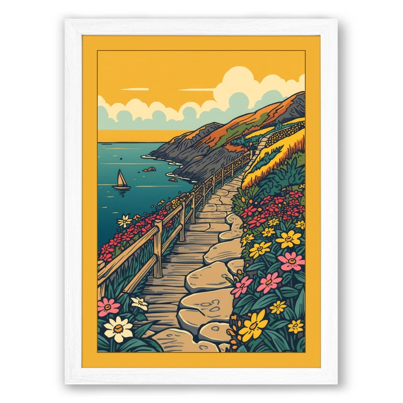 Path in Bloom Coastal Framed Wall Art Print A1 (84.1×59.4cm) White, Wall Decor for Living Room, Bedroom, Office & Home, Ready to Hang, Art Gift