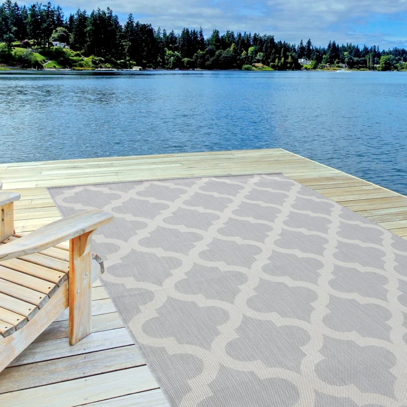 THE RUGS Outdoor Rug – Weather & UV Resistant Outdoor/Indoor Area Rugs - Durable Rugs for Patio, Deck, Garden, Kitchen, Bathroom or Living Room - Moroccan, Grey, 240 x 340 cm