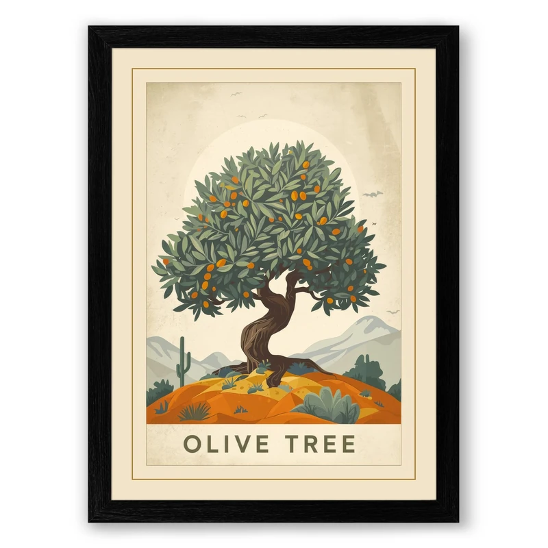 Olive Tree Botanical Framed Wall Art Print A1 (84.1×59.4cm) Black, Wall Decor for Living Room, Bedroom, Office & Home, Ready to Hang, Art Gift