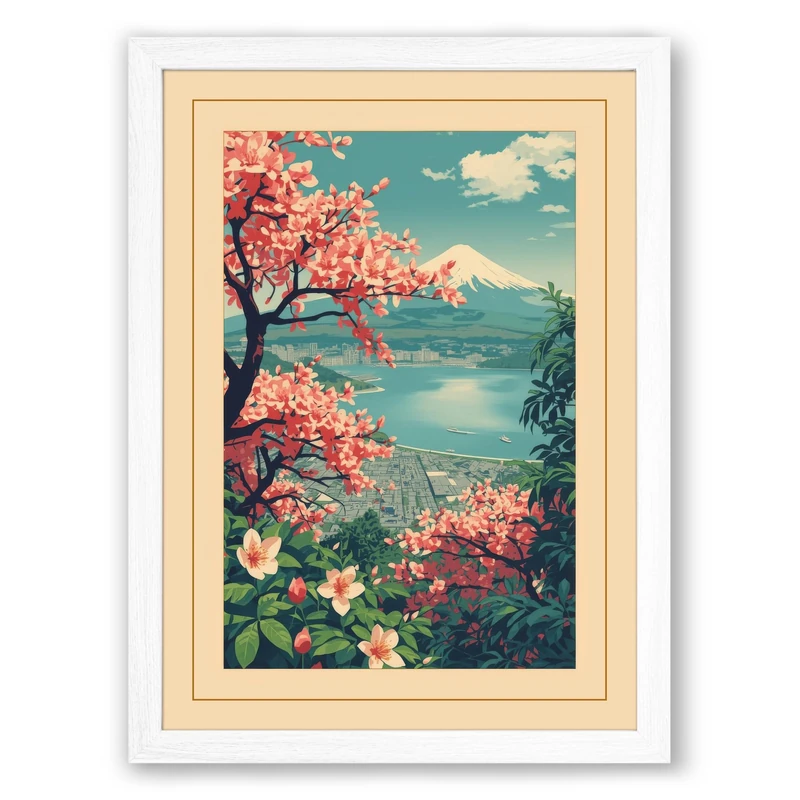 Lakeside Blossoms Vintage Framed Wall Art Print A1 (84.1×59.4cm) White, Wall Decor for Living Room, Bedroom, Office & Home, Ready to Hang, Art Gift - Image 1