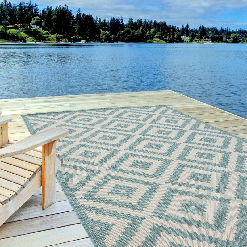 THE RUGS Outdoor Rug – Weather & UV Resistant Outdoor/Indoor Area Rugs - Durable Rugs for Patio, Deck, Garden, Kitchen, Bathroom or Living Room - Diamond, Aqua, 240 x 340 cm