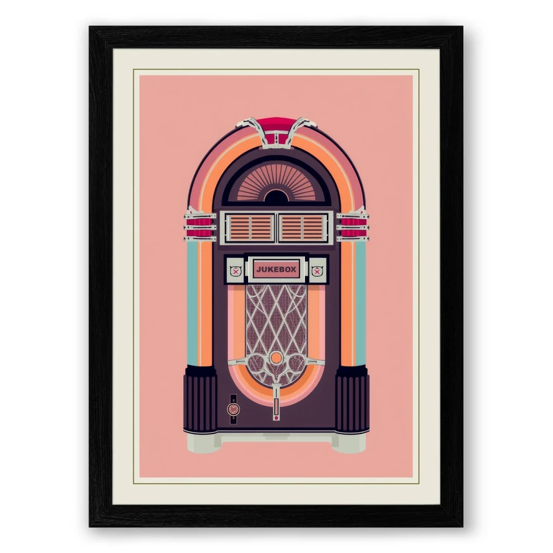 Jukebox Retro Framed Wall Art Print A1 (84.1×59.4cm) Black, Wall Decor for Living Room, Bedroom, Office & Home, Ready to Hang, Art Gift