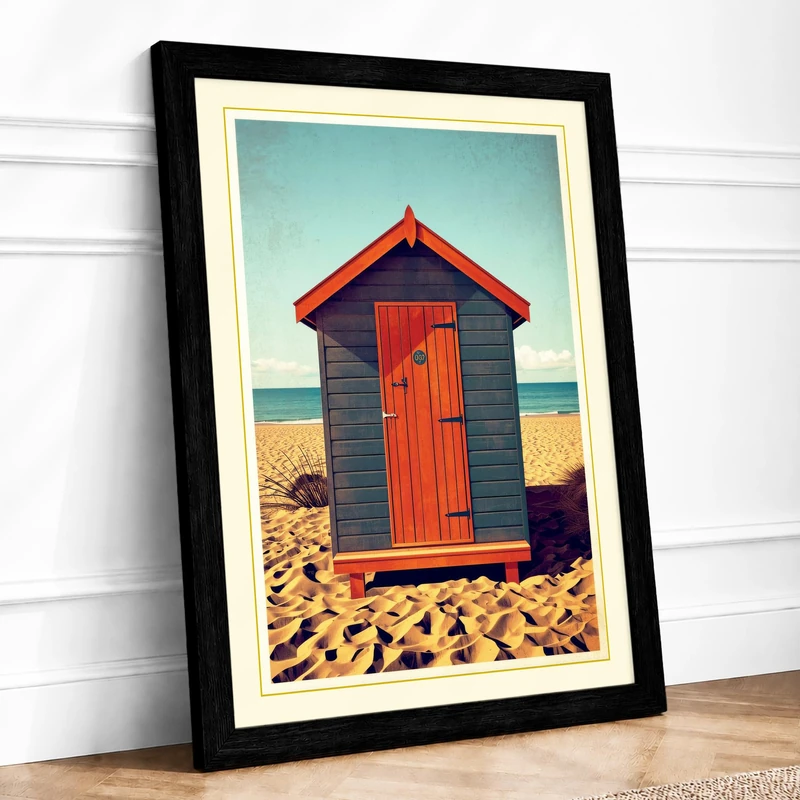 Beach Hut by the Sea Coastal Framed Wall Art Print A1 (84.1×59.4cm) Black, Wall Decor for Living Room, Bedroom, Office & Home, Ready to Hang, Art Gift