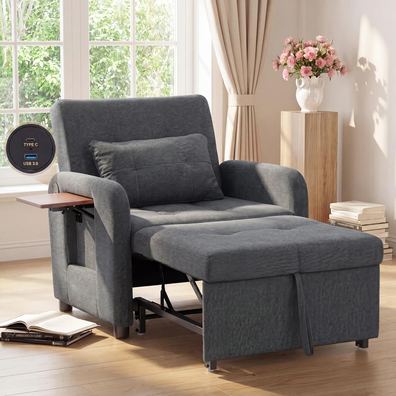 COLAMY Compact Recliner Armchair with USB Port & Side Table, Space Saving Sleeper Chair with Pull-Out Footrest, Adjustable Lounge Sofa Bed Chair for Small Living Room Bedroom Flat,Dark Grey