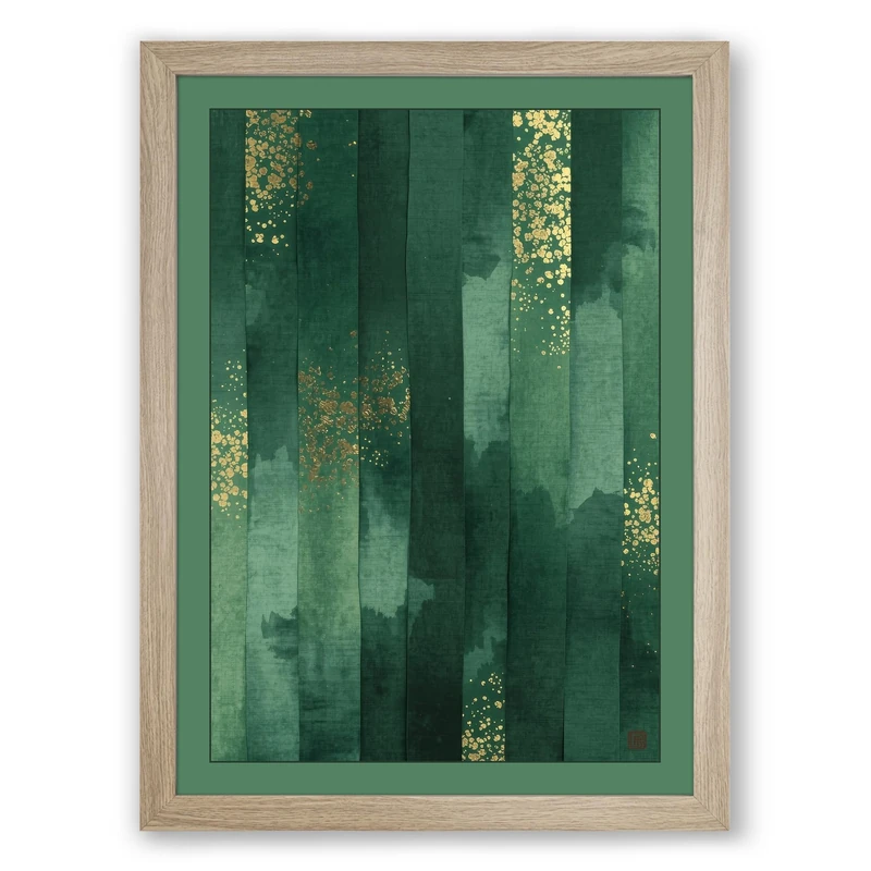 Green Stripes in Gold Minimalist Framed Wall Art Print A1 (84.1×59.4cm) Oak, Wall Decor for Living Room, Bedroom, Office & Home, Ready to Hang, Art Gift