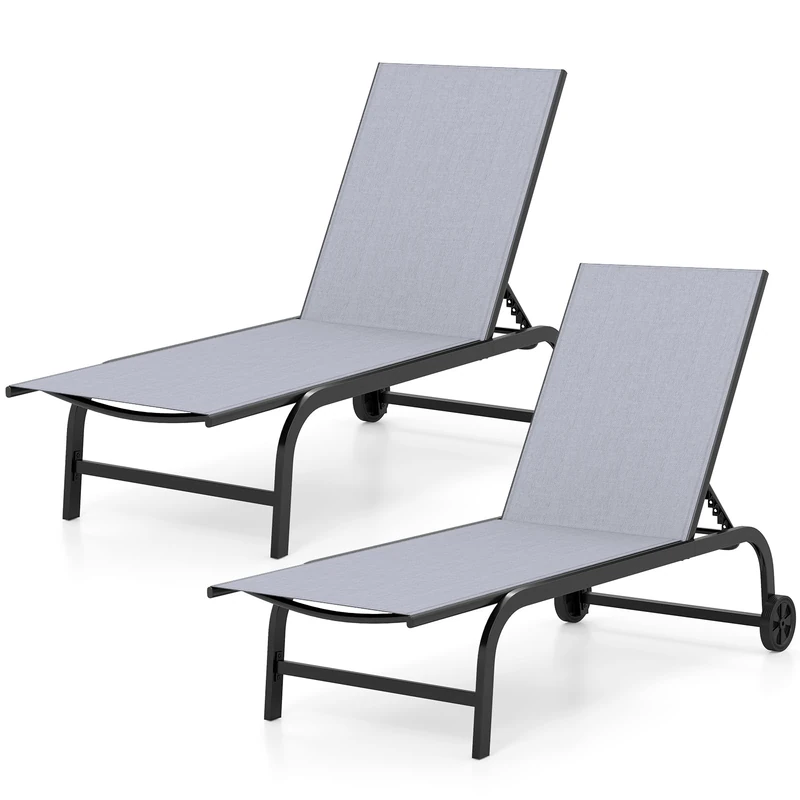 RELAX4LIFE 1/2 Set Garden Sun Lounger, 6-Level Adjustable Fabric Reclining Chaise Chair with 2 Wheels & Reclining Backrest, Metal Frame Outdoor Lounger Sunbed for Hiking Patio Beach (2, Grey)