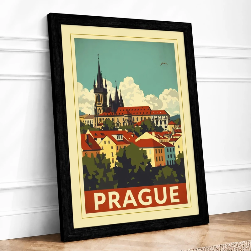 Postcard from Prague Vintage Framed Wall Art Print A1 (84.1×59.4cm) Black, Wall Decor for Living Room, Bedroom, Office & Home, Ready to Hang, Art Gift