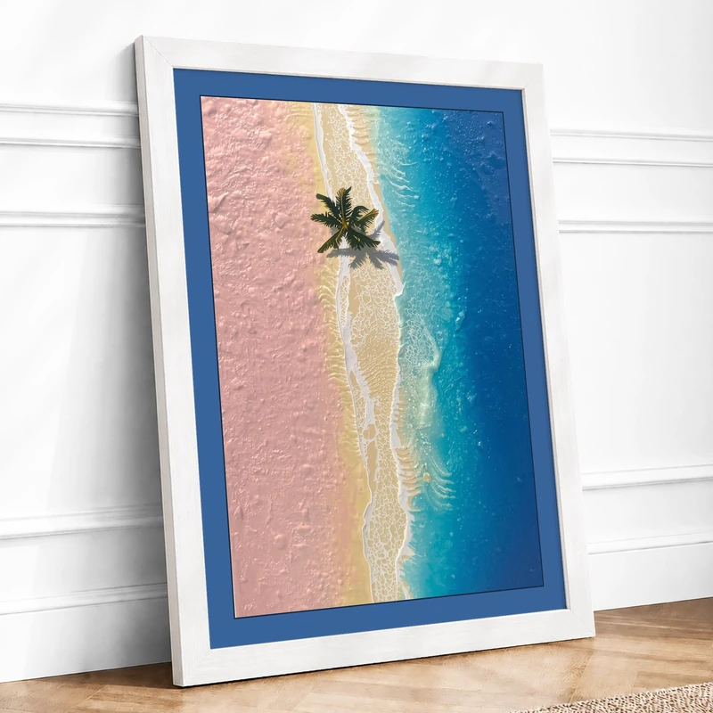 Solitary Palm in Blue Coastal Framed Wall Art Print A1 (84.1×59.4cm) White, Wall Decor for Living Room, Bedroom, Office & Home, Ready to Hang, Art Gift - Image 1