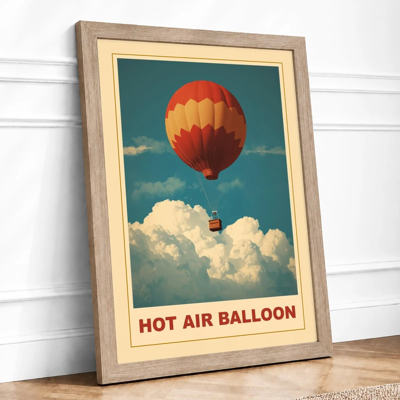 Hot Air Balloon Vintage Framed Wall Art Print A1 (84.1×59.4cm) Oak, Wall Decor for Living Room, Bedroom, Office & Home, Ready to Hang, Art Gift - Image 1