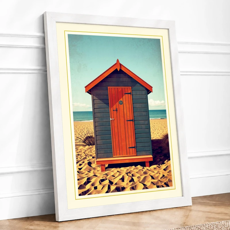 Beach Hut by the Sea Coastal Framed Wall Art Print A1 (84.1×59.4cm) White, Wall Decor for Living Room, Bedroom, Office & Home, Ready to Hang, Art Gift - Image 1