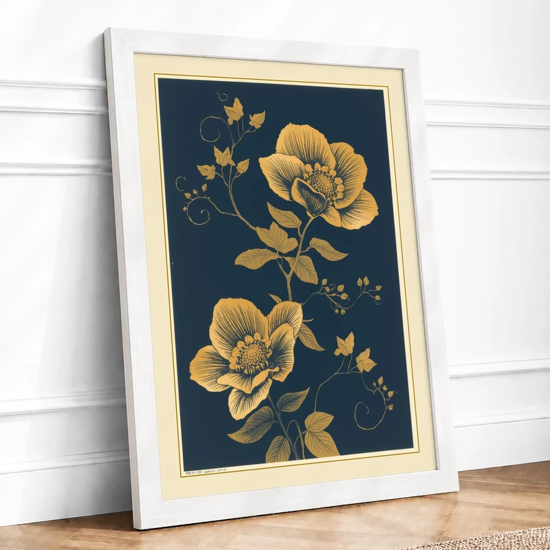 Gilded Peonies Botanical Framed Wall Art Print A1 (84.1×59.4cm) White, Wall Decor for Living Room, Bedroom, Office & Home, Ready to Hang, Art Gift