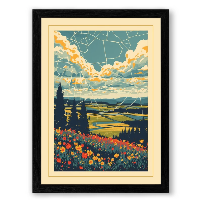 Wildflower Meadow Landscape Vintage Framed Wall Art Print A1 (84.1×59.4cm) Black, Wall Decor for Living Room, Bedroom, Office & Home, Ready to Hang, Art Gift