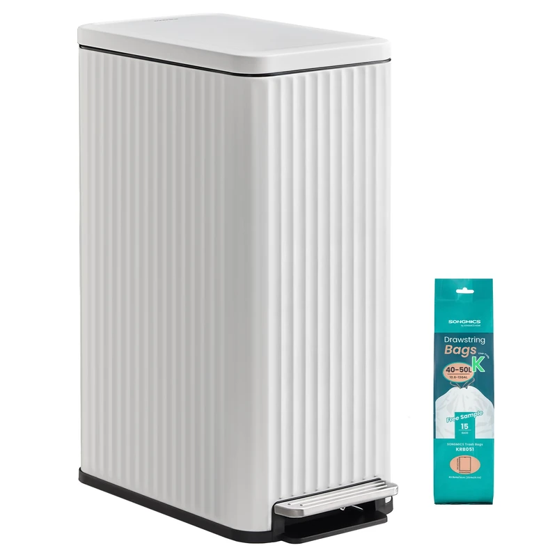 SONGMICS Kitchen Bin with Pedal, 13 Gallon (50 L) Slim Waste Bin with Soft-Close Lid, Removable Inner Bucket, Steel, 15 Rubbish Bags Included, Space-Saving, Cloud White LTB350WZ02 - Image 1