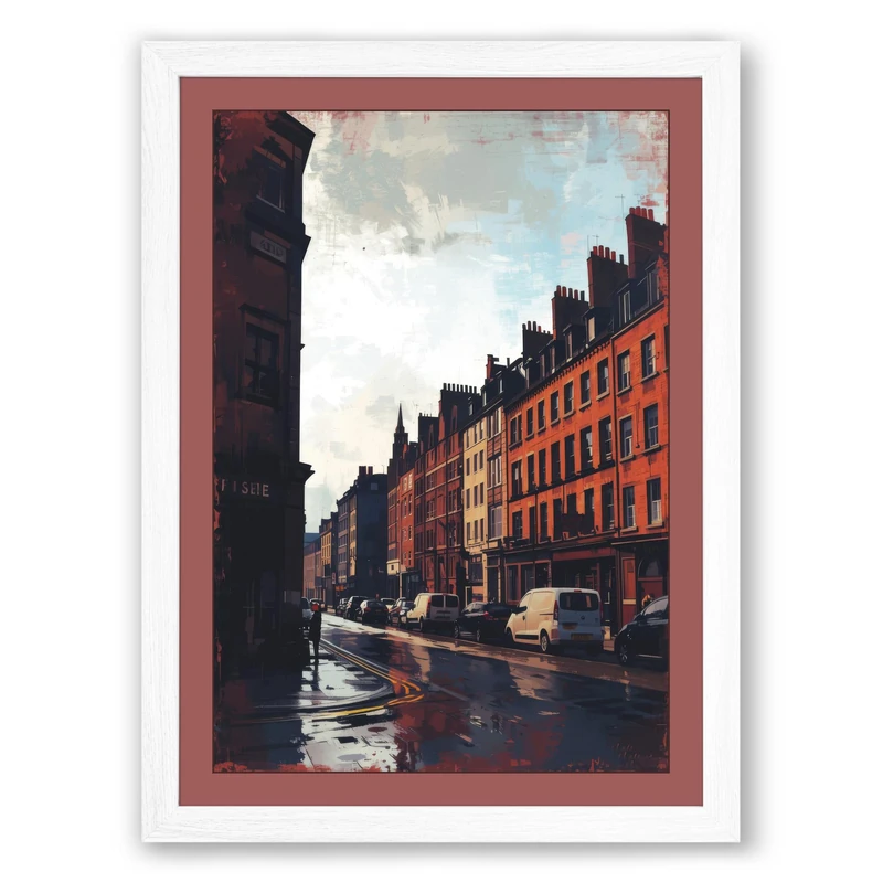 Wet City Street Modern Framed Wall Art Print A1 (84.1×59.4cm) White, Wall Decor for Living Room, Bedroom, Office & Home, Ready to Hang, Art Gift