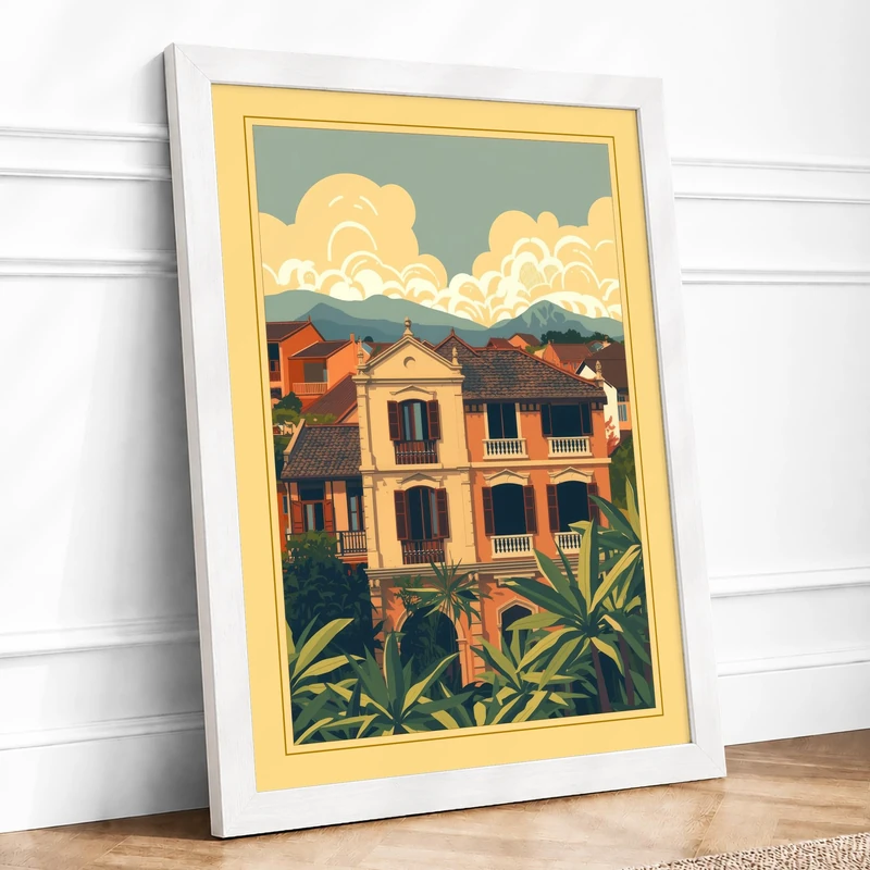 Terracotta House with Palms Vintage Framed Wall Art Print A1 (84.1×59.4cm) White, Wall Decor for Living Room, Bedroom, Office & Home, Ready to Hang, Art Gift - Image 1