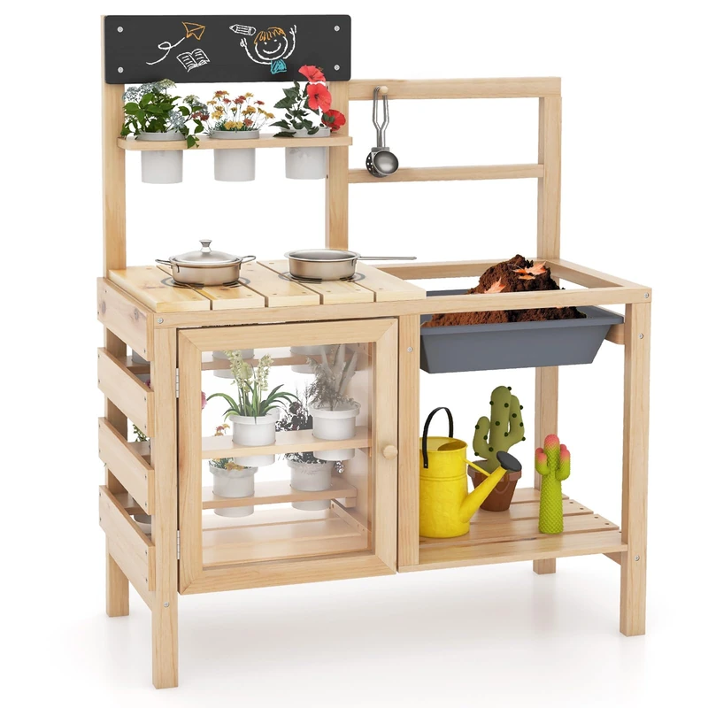 GYMAX Kids Mud Kitchen, Children Potting Bench Table with 12 Plant Cups, Sink, Stoves, Blackboard & Accessories, Outdoor Fir Wood Toy Kitchen for 3 Years Old+