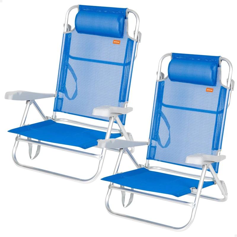 AKTIVE Set of 2 Folding Chairs, 8-Position Backrest Recliner 47 x 49 x 82 cm, Aluminium and Textile with Padded Cushion and Handles, Max 110 kg, Blue (85443) - Image 1