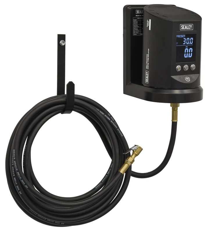 Sealey Wall Mounting Digital Tyre Inflator, psi, kPa, kg/cm² and bar, Auto-Stop, 174psi, Wireless App Connection, LCD Digital Display, Supplied with 7.6m Hose and Remote Control - SA450
