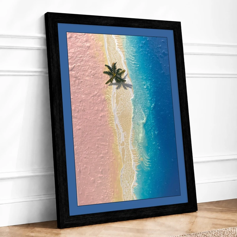 Solitary Palm in Blue Coastal Framed Wall Art Print A1 (84.1×59.4cm) Black, Wall Decor for Living Room, Bedroom, Office & Home, Ready to Hang, Art Gift