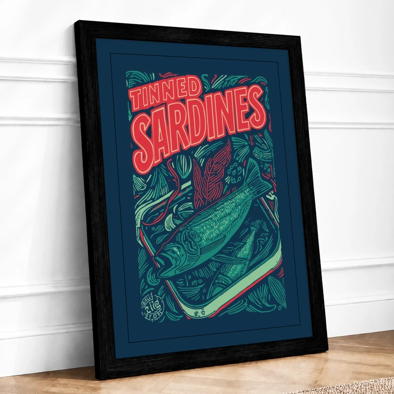 Tinned Sardines Vintage Framed Wall Art Print A1 (84.1×59.4cm) Black, Wall Decor for Living Room, Bedroom, Office & Home, Ready to Hang, Art Gift