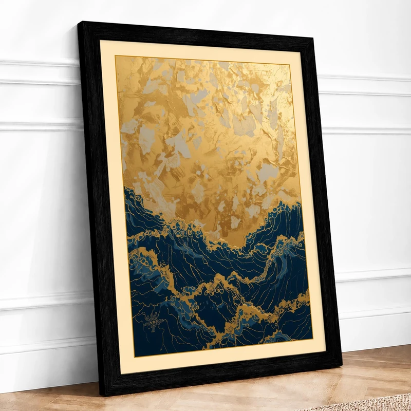Waves and Stone Modern Framed Wall Art Print A1 (84.1×59.4cm) Black, Wall Decor for Living Room, Bedroom, Office & Home, Ready to Hang, Art Gift - Image 1