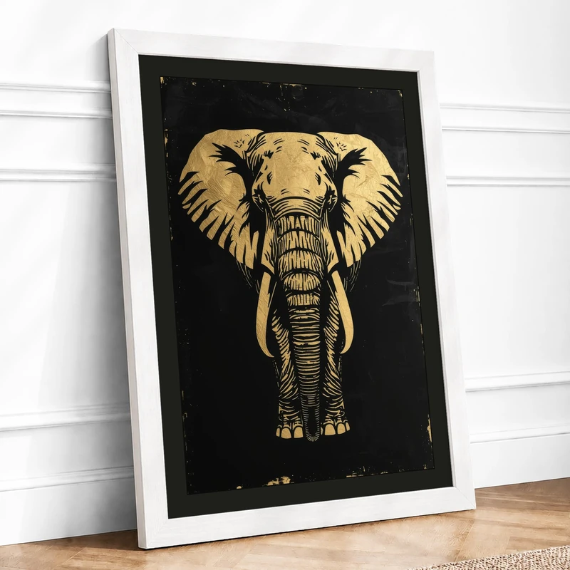 Golden Elephant Minimalist Framed Wall Art Print A1 (84.1×59.4cm) White, Wall Decor for Living Room, Bedroom, Office & Home, Ready to Hang, Art Gift