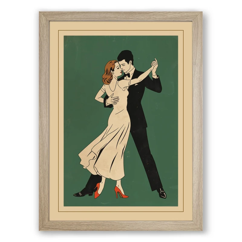 Dance Floor Romance Vintage Framed Wall Art Print A1 (84.1×59.4cm) Oak, Wall Decor for Living Room, Bedroom, Office & Home, Ready to Hang, Art Gift
