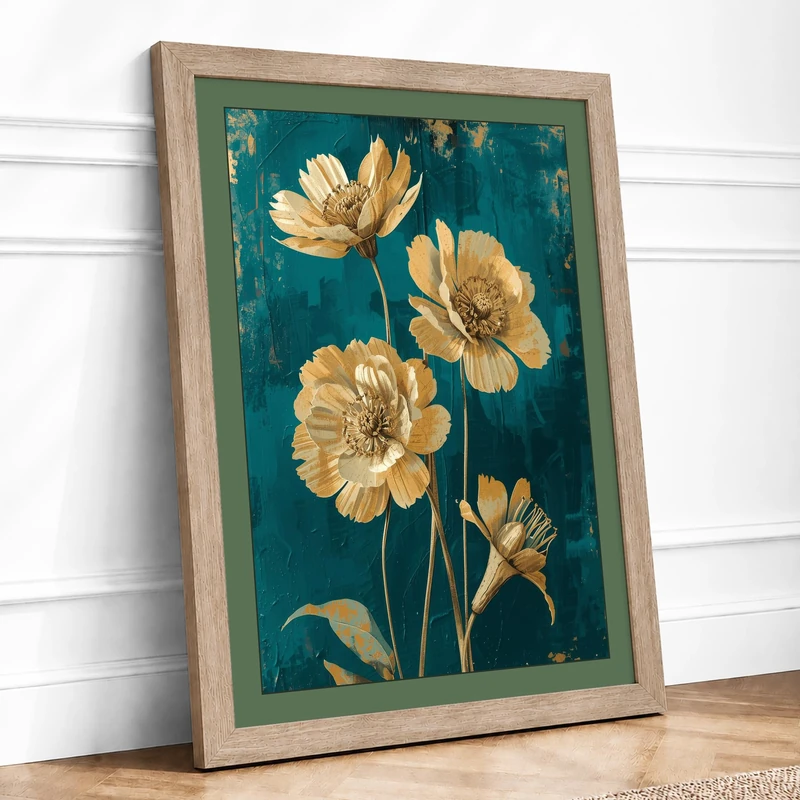 Golden Ranunculus Botanical Framed Wall Art Print A1 (84.1×59.4cm) Oak, Wall Decor for Living Room, Bedroom, Office & Home, Ready to Hang, Art Gift