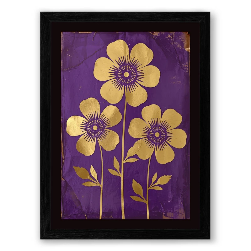 Three Flowers in Purple Botanical Framed Wall Art Print A1 (84.1×59.4cm) Black, Wall Decor for Living Room, Bedroom, Office & Home, Ready to Hang, Art Gift
