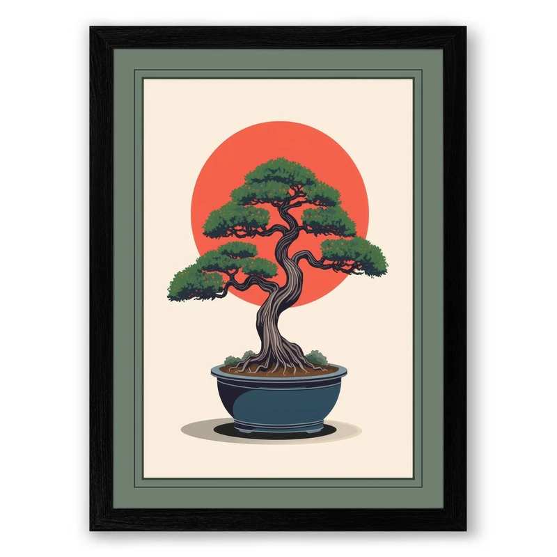 Bonsai and Rising Sun Japandi Framed Wall Art Print A1 (84.1×59.4cm) Black, Wall Decor for Living Room, Bedroom, Office & Home, Ready to Hang, Art Gift