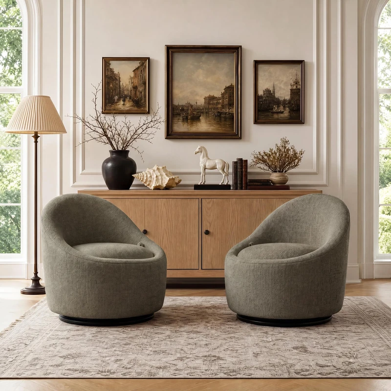 Barrel Swivel Accent Chair with Hidden Storage, 360° Rotating Lounge Chair, Upholstered Breathable Fabric, High Density Foam Seat, Modern Round Armchair for Living Room Bedroom,Green - Image 1