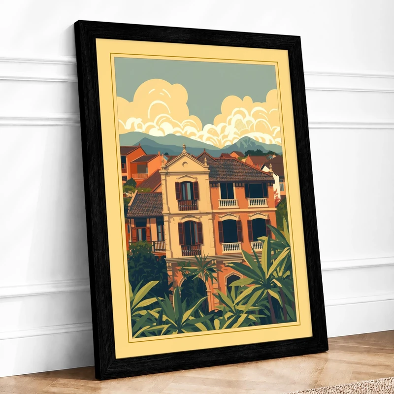 Terracotta House with Palms Vintage Framed Wall Art Print A1 (84.1×59.4cm) Black, Wall Decor for Living Room, Bedroom, Office & Home, Ready to Hang, Art Gift - Image 1