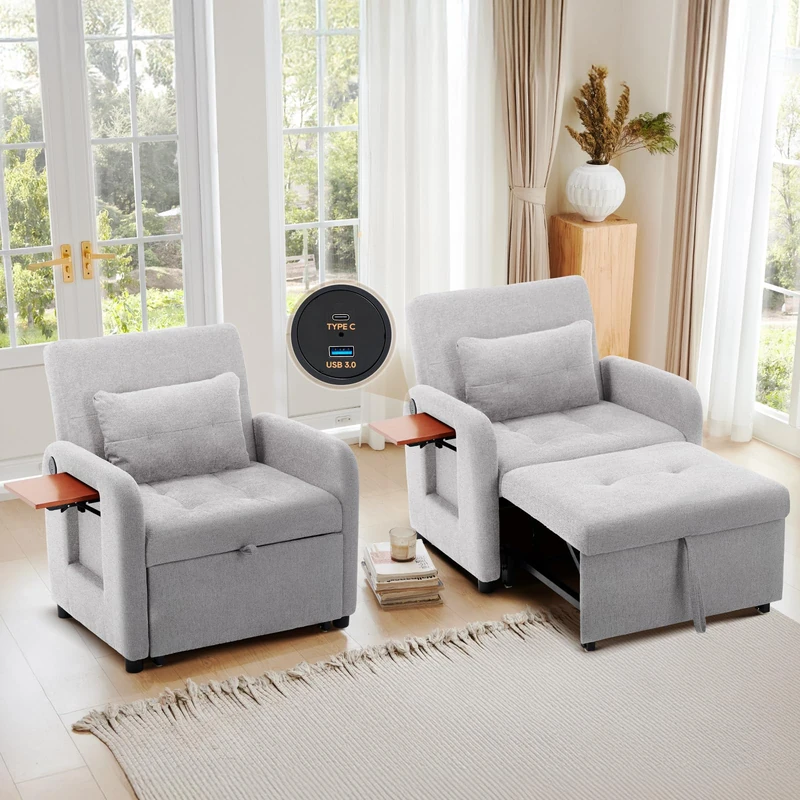 COLAMY Compact Recliner Armchair with USB Port & Side Table, Space Saving Sleeper Chair with Pull-Out Footrest, Adjustable Lounge Sofa Bed Chair for Small Living Room Bedroom Flat,Light Grey