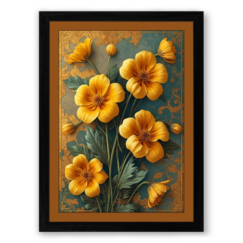 Golden Nasturtium Botanical Framed Wall Art Print A1 (84.1×59.4cm) Black, Wall Decor for Living Room, Bedroom, Office & Home, Ready to Hang, Art Gift
