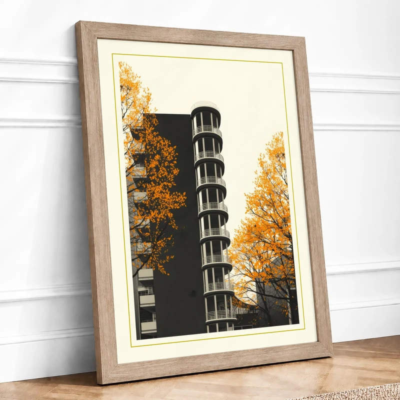 Tower Among Golden Trees Scandinavian Framed Wall Art Print A1 (84.1×59.4cm) Oak, Wall Decor for Living Room, Bedroom, Office & Home, Ready to Hang, Art Gift